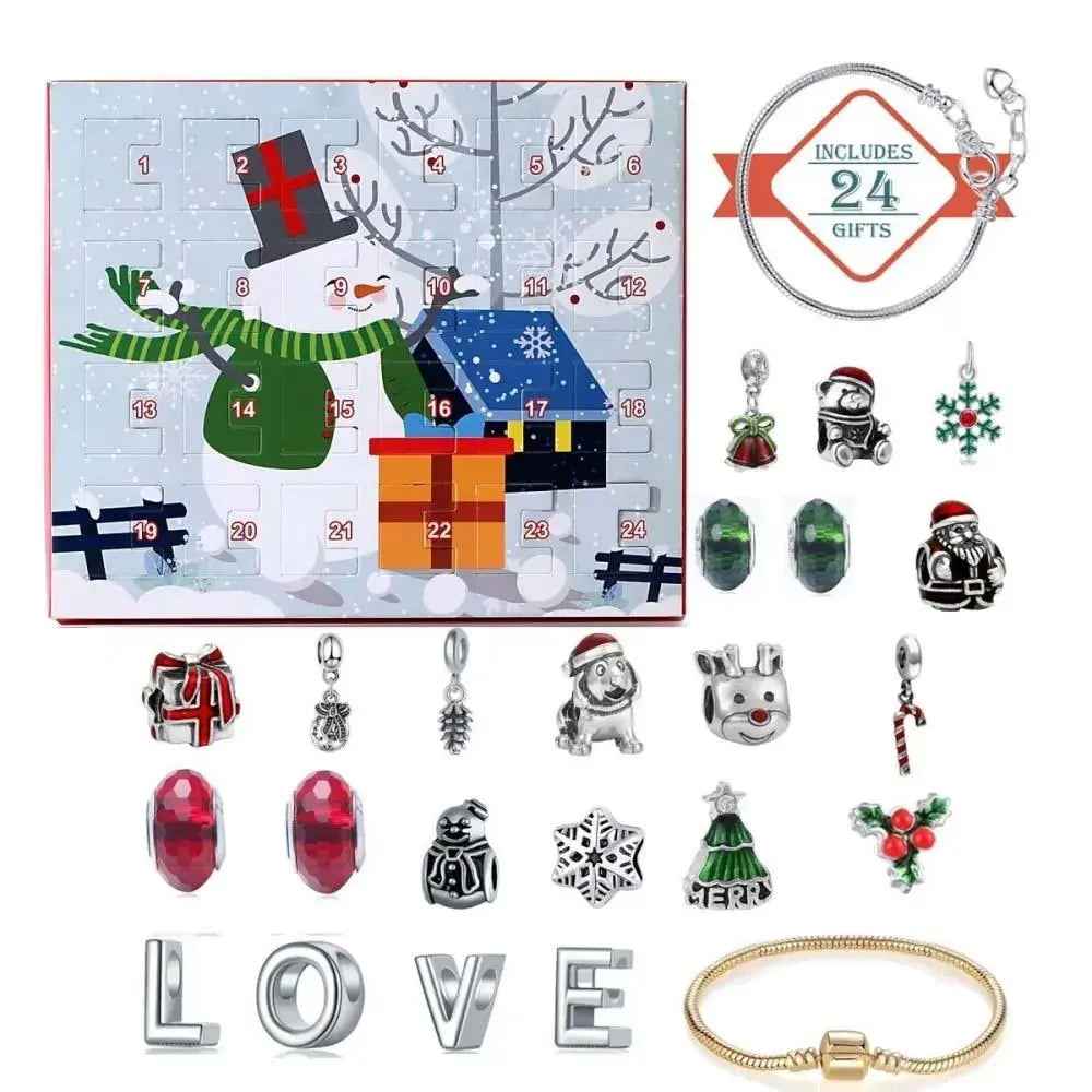 Christmas Charm Surprise Blind Box Charm Bracelet/Necklace 24 Calendar Countdown Gift Box Bracelet DIY Charms