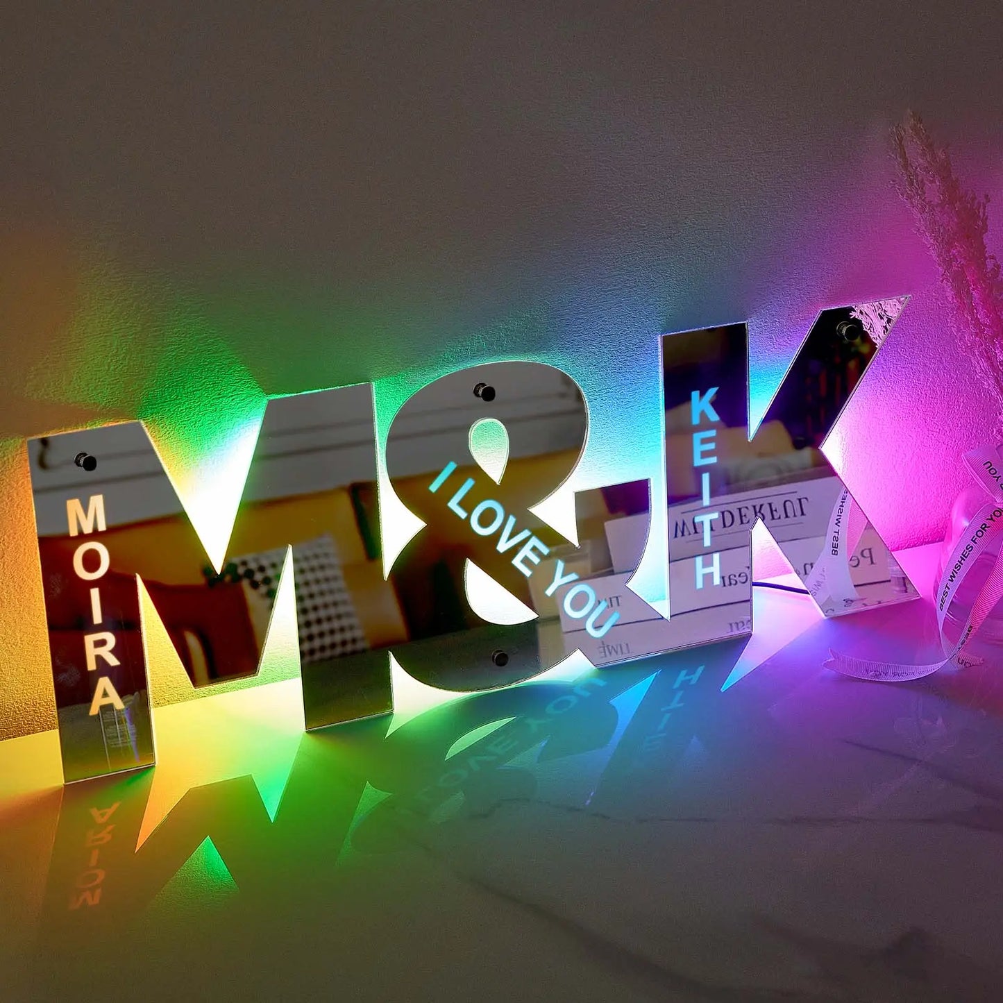 Personalised Couple Letter Mirror Light, Custom LED Wall Decor Gift, Romantic Couple Wall Mirror Light, Customisable Acrylic Mirror Light, Wedding Gift Wall Decor, Anniversary LED Mirror Light, Custom Name Wall Mirror Light, Personalised Romantic Home Decor, Personalised LED mirror light for couples