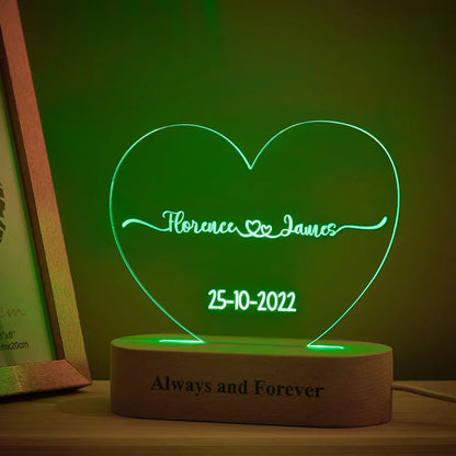 Trending personalised night lights, Popular custom acrylic plaque lamps, Personalised heart-shaped acrylic plaque with custom text, Custom name and date night light for special occasions, High-quality personalised night light for home decor, Customisable heart plaque night light for kids and adults, Unique personalised night light gift for friends and family