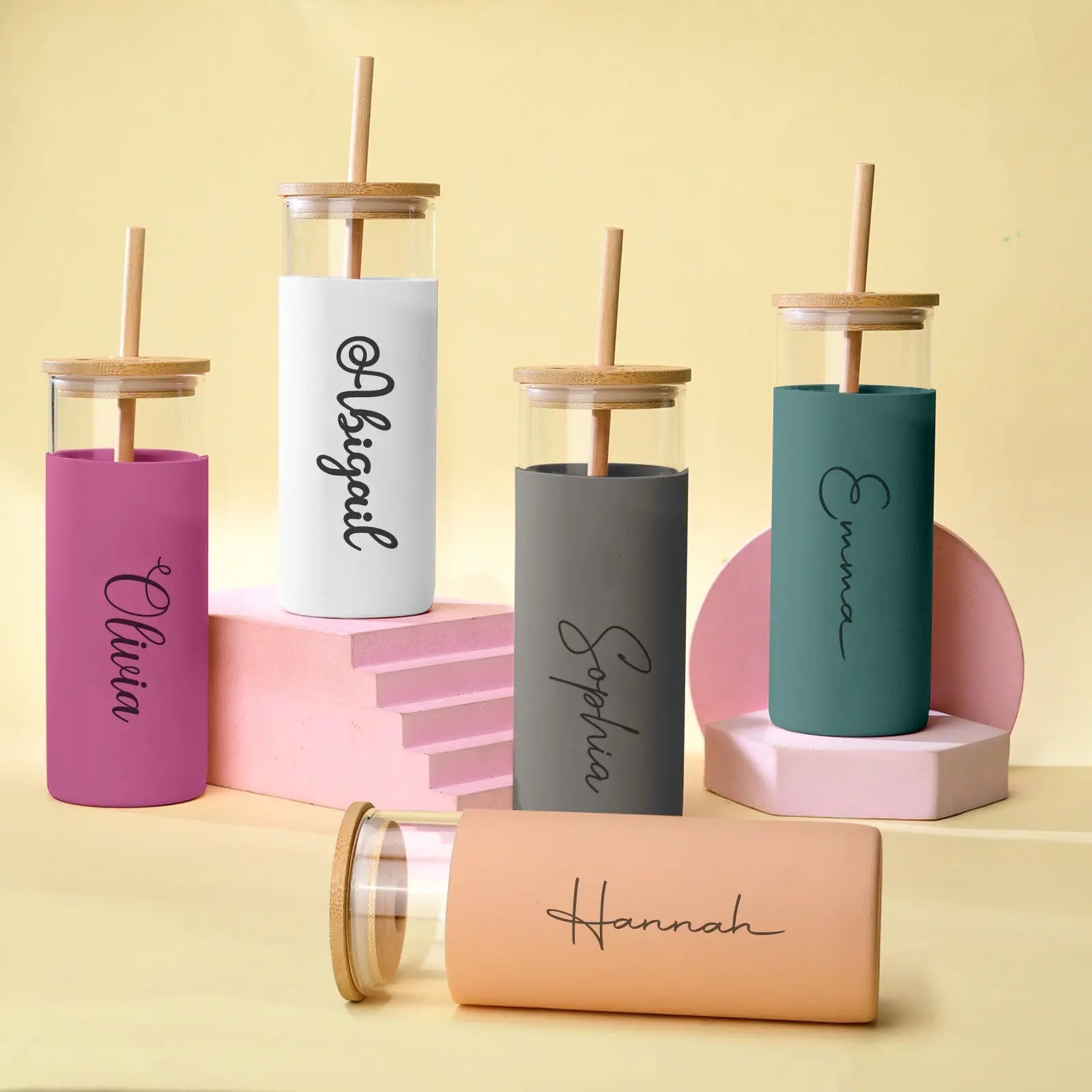 Personalised reusable glass tumbler with wooden lid, Custom 17oz glass tumbler for coffee and smoothies, Stylish eco-friendly tumbler with straw and silicone sleeve, Personalised name tumbler gift for birthdays and holidays, unique gift ideas, Valentine's Day gifts, custom gifts, personalised gifts, customised gifts