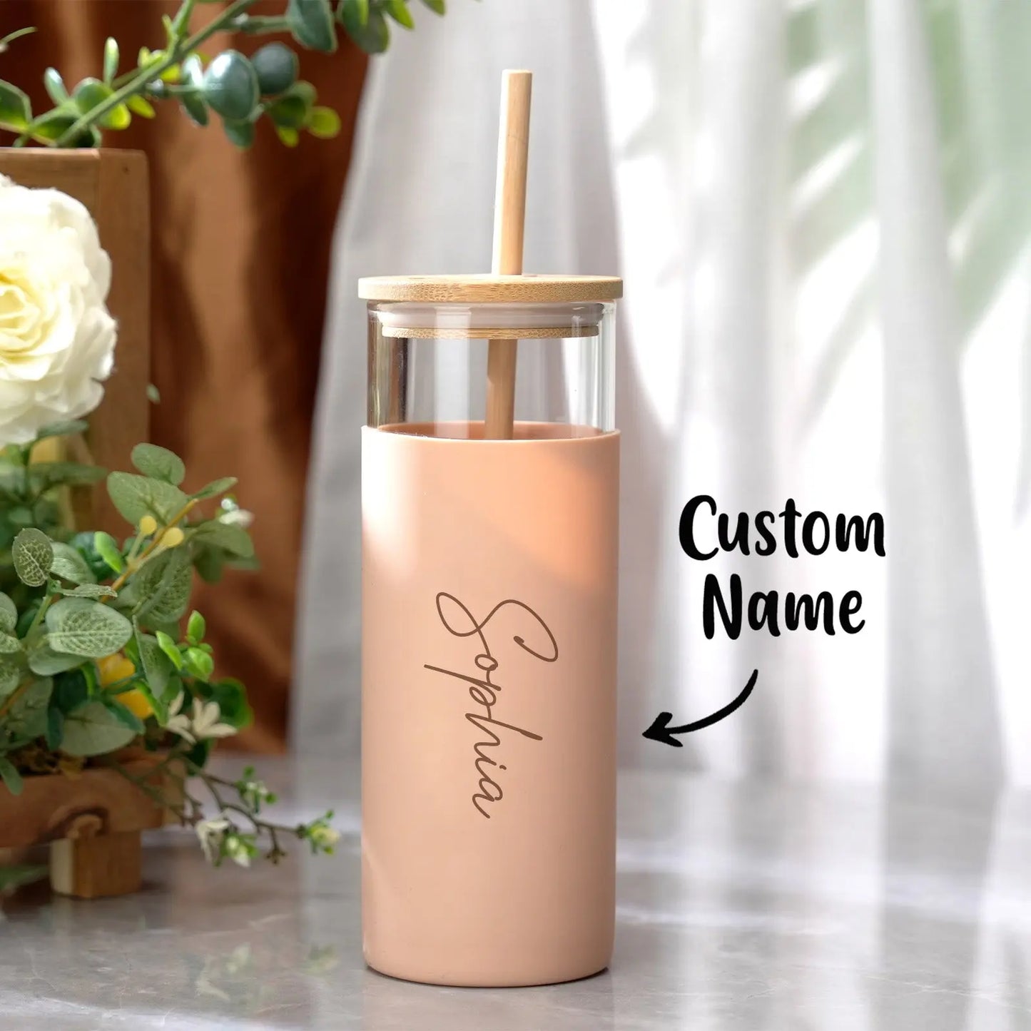 Personalised Name Glass Tumbler, Custom Engraved Glass Coffee Tumbler, 17oz Reusable Tumbler with Wood Lid, Stylish Custom Glass Tumbler, Eco-Friendly Personalised Drinkware, Silicone Case Glass Tumbler with Straw, Engraved Coffee Tumbler Gift Idea, Customisable Glass Travel Tumbler