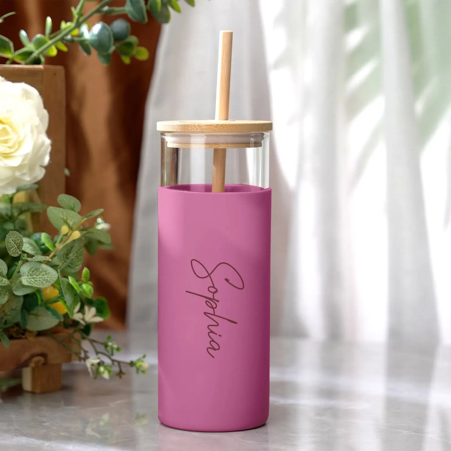 Personalised reusable glass tumbler with wooden lid, Custom 17oz glass tumbler for coffee and smoothies, Stylish eco-friendly tumbler with straw and silicone sleeve, Personalised name tumbler gift for birthdays and holidays, unique gift ideas, Valentine's Day gifts, custom gifts, personalised gifts, customised gifts