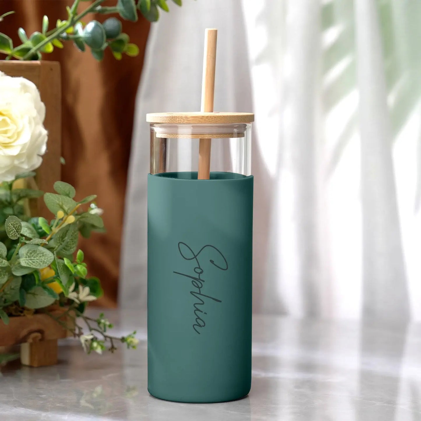 Personalised Name Glass Tumbler, Custom Engraved Glass Coffee Tumbler, 17oz Reusable Tumbler with Wood Lid, Stylish Custom Glass Tumbler, Eco-Friendly Personalised Drinkware, Silicone Case Glass Tumbler with Straw, Engraved Coffee Tumbler Gift Idea, Customisable Glass Travel Tumbler