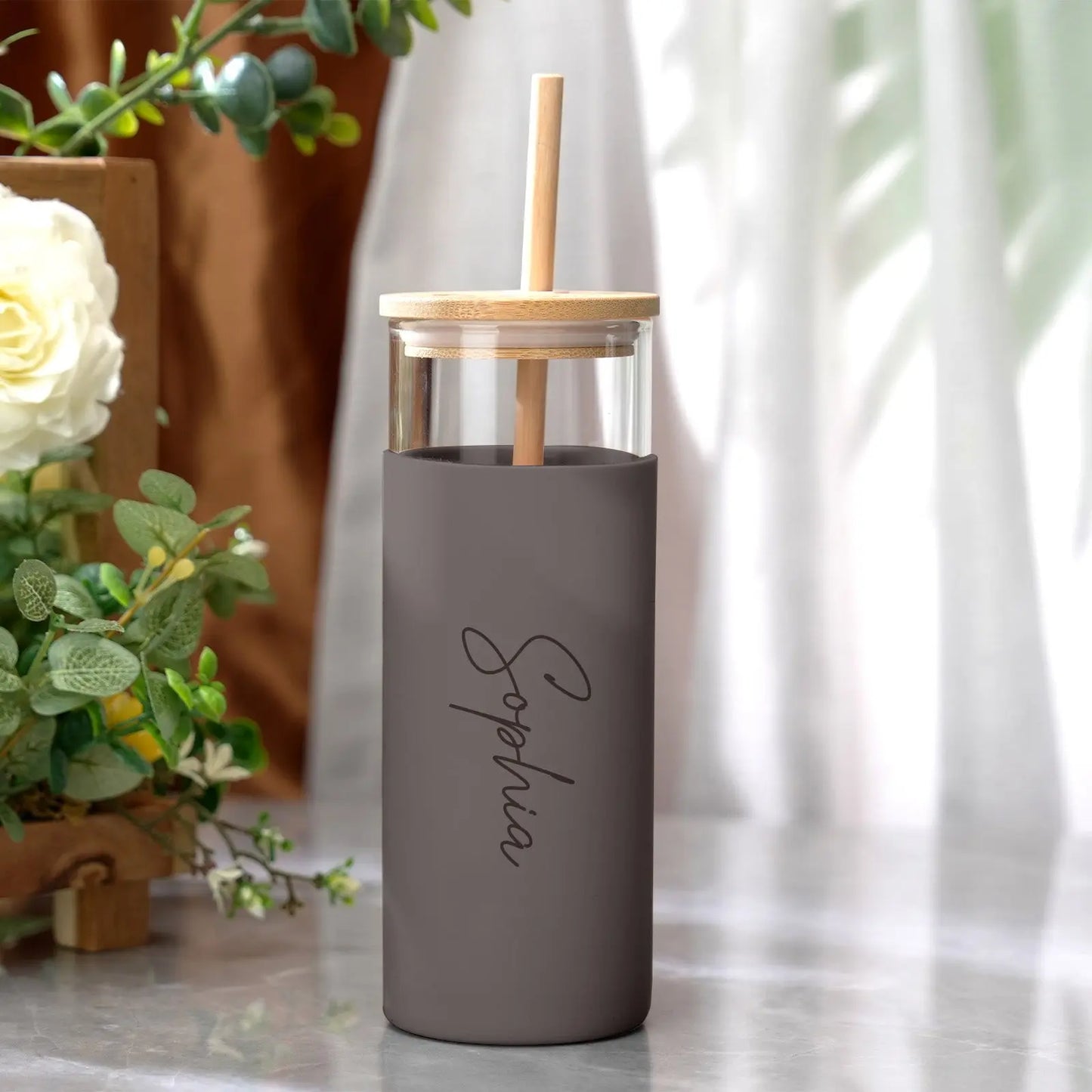 Personalised Name Glass Tumbler, Custom Engraved Glass Coffee Tumbler, 17oz Reusable Tumbler with Wood Lid, Stylish Custom Glass Tumbler, Eco-Friendly Personalised Drinkware, Silicone Case Glass Tumbler with Straw, Engraved Coffee Tumbler Gift Idea, Customisable Glass Travel Tumbler