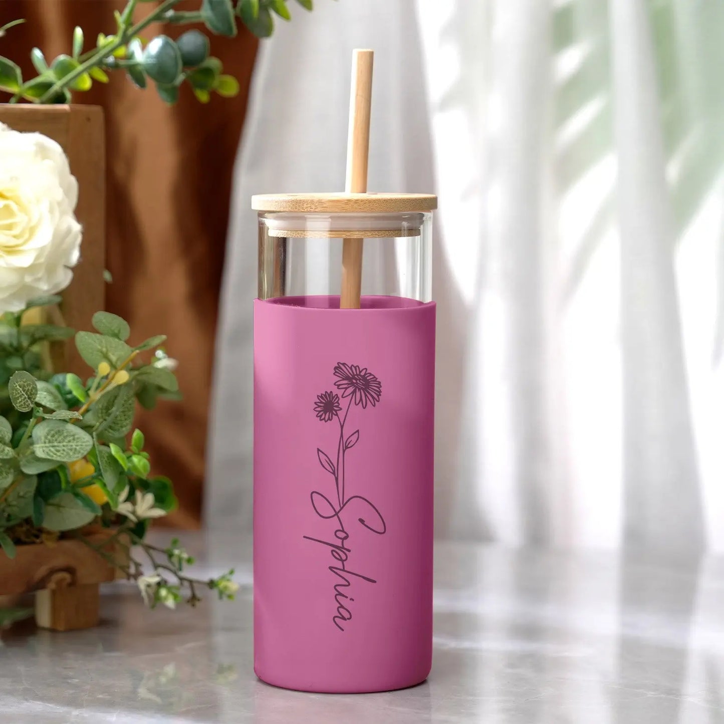 Personalised reusable glass tumbler with wooden lid, Custom 17oz glass tumbler for coffee and smoothies, Stylish eco-friendly tumbler with straw and silicone sleeve, Personalised name tumbler gift for birthdays and holidays, unique gift ideas, Valentine's Day gifts, custom gifts, personalised gifts, customised gifts