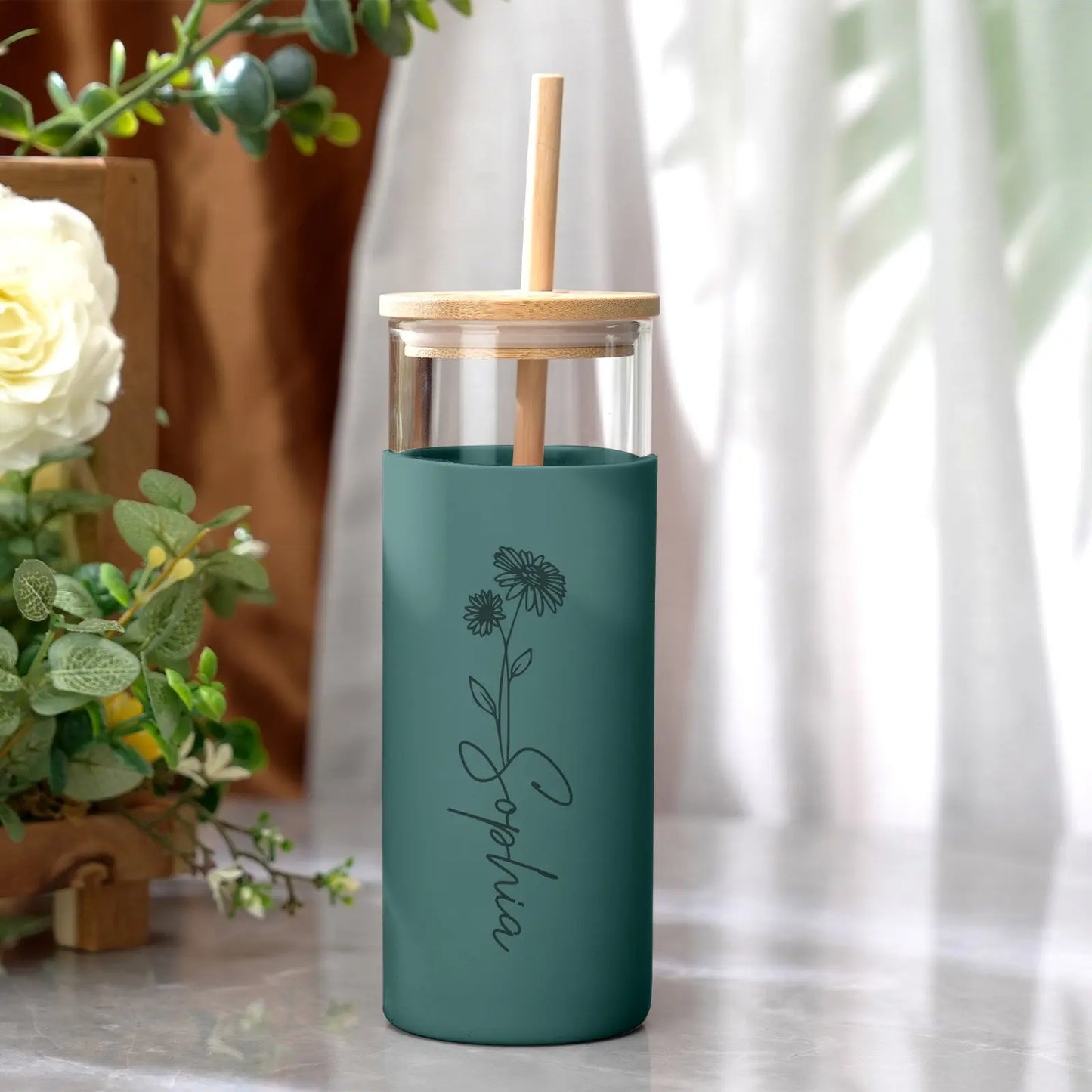 Personalised Name Glass Tumbler, Custom Engraved Glass Coffee Tumbler, 17oz Reusable Tumbler with Wood Lid, Stylish Custom Glass Tumbler, Eco-Friendly Personalised Drinkware, Silicone Case Glass Tumbler with Straw, Engraved Coffee Tumbler Gift Idea, Customisable Glass Travel Tumbler