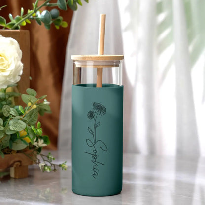 Personalised Name Glass Tumbler, Custom Engraved Glass Coffee Tumbler, 17oz Reusable Tumbler with Wood Lid, Stylish Custom Glass Tumbler, Eco-Friendly Personalised Drinkware, Silicone Case Glass Tumbler with Straw, Engraved Coffee Tumbler Gift Idea, Customisable Glass Travel Tumbler