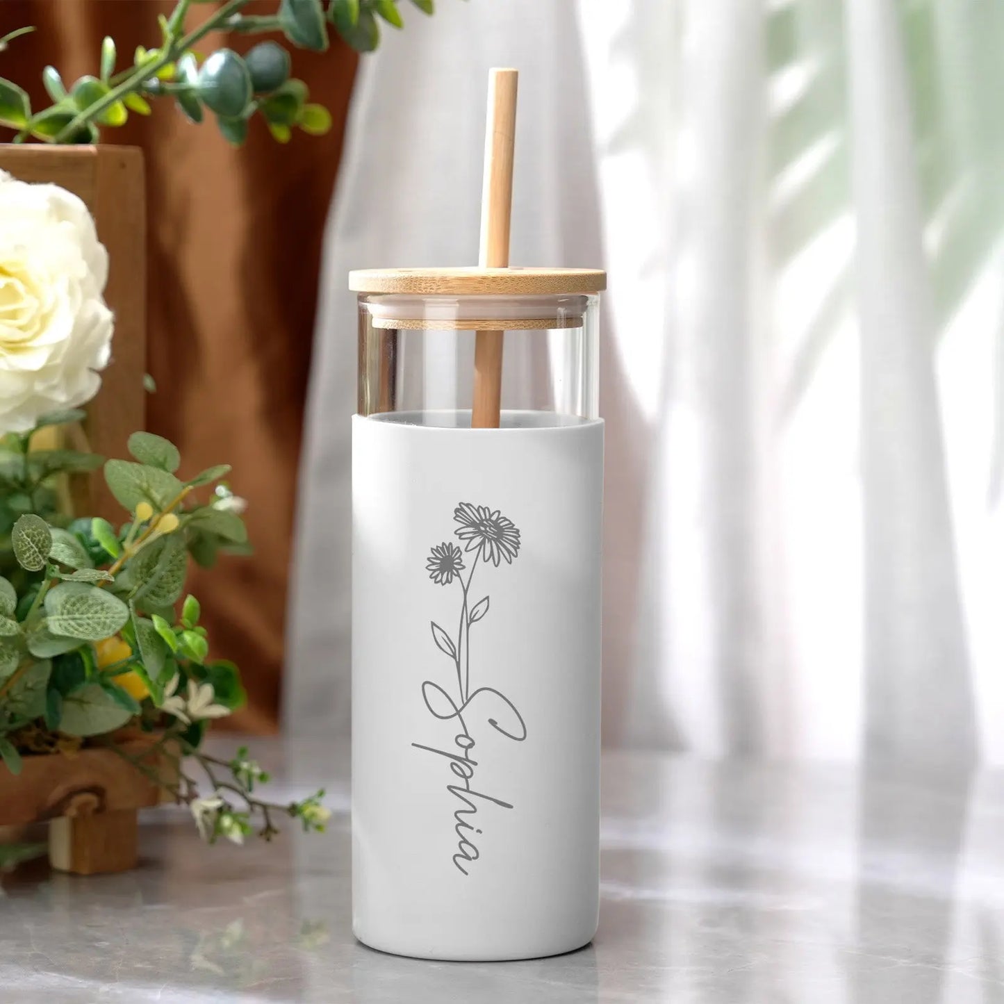 Personalised reusable glass tumbler with wooden lid, Custom 17oz glass tumbler for coffee and smoothies, Stylish eco-friendly tumbler with straw and silicone sleeve, Personalised name tumbler gift for birthdays and holidays, unique gift ideas, Valentine's Day gifts, custom gifts, personalised gifts, customised gifts