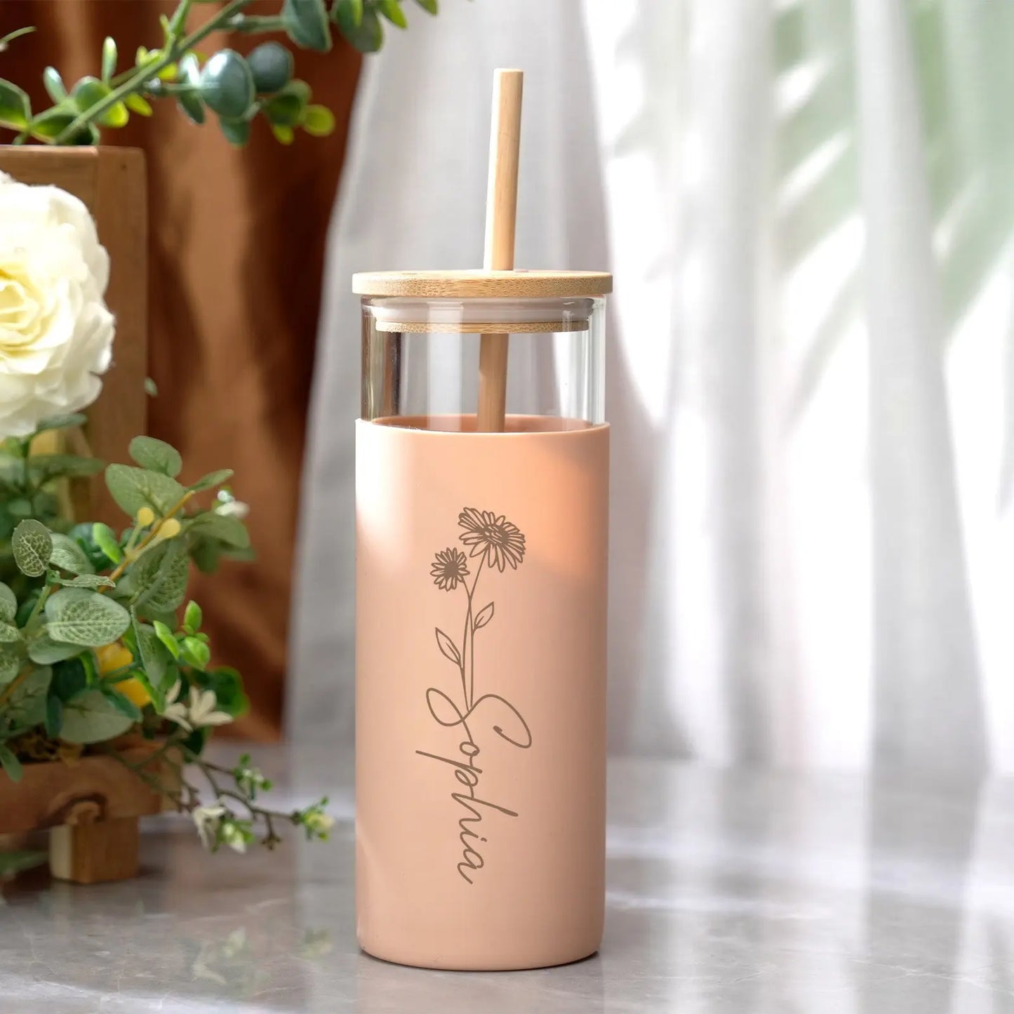 Personalised Name Glass Tumbler, Custom Engraved Glass Coffee Tumbler, 17oz Reusable Tumbler with Wood Lid, Stylish Custom Glass Tumbler, Eco-Friendly Personalised Drinkware, Silicone Case Glass Tumbler with Straw, Engraved Coffee Tumbler Gift Idea, Customisable Glass Travel Tumbler