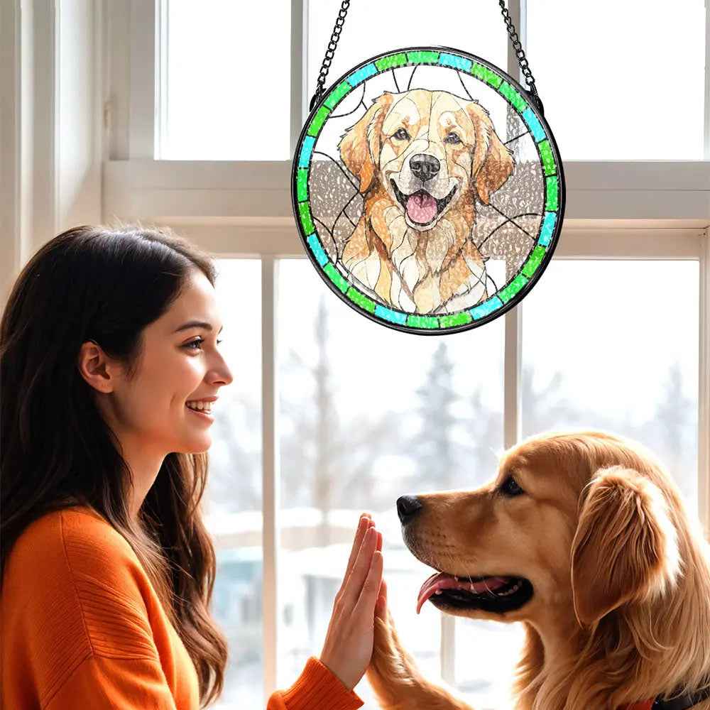 Custom Pet Portrait Art Sun Catcher Stained Glass Ornament - Pet Memorial Gifts for Pet Lovers