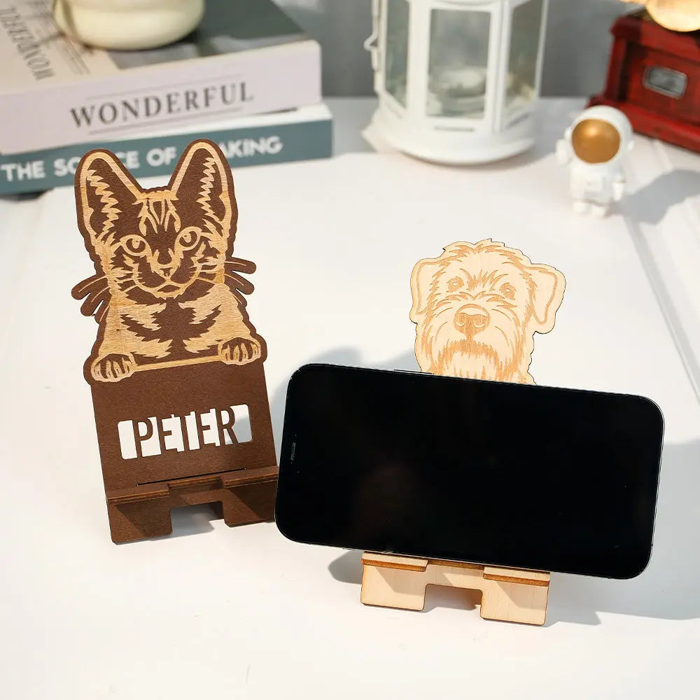 Custom pet photo phone stands, Unique gift ideas with custom phone holders, Trending personalised phone stands, Popular custom engraved pet portrait phone stands, Personalised custom engraved pet portrait wooden phone stand, Custom phone holder for pet lovers, Unique personalised gift phone stand with pet portraits, High-quality custom wooden phone stand for home decor, Customisable phone stand for birthdays and holidays