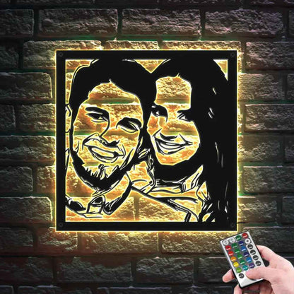 Personalised Couple Photo LED Wall Art - Custom Portrait Metal Decor Gift for Partner/Family/Friends