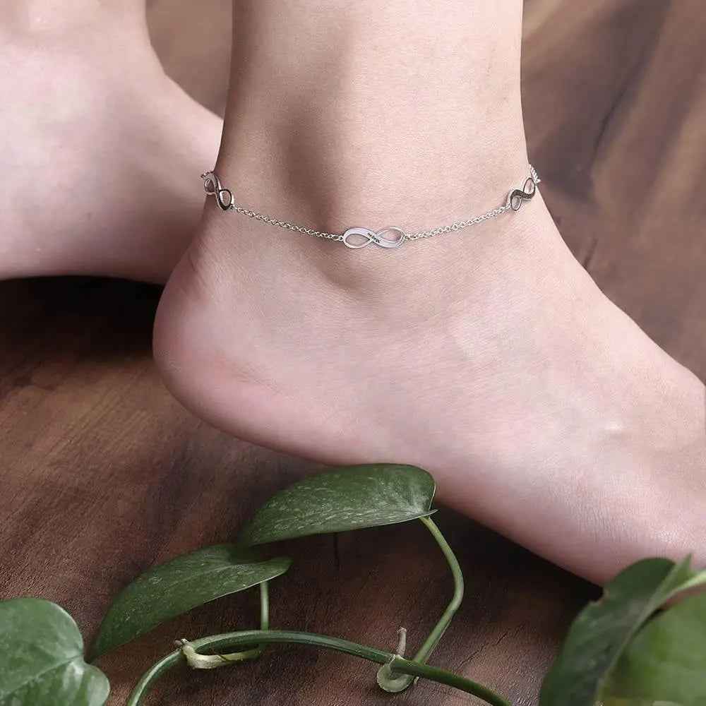 Personalised Infinity Anklet - Custom Engraved 925 Sterling Silver Name Bracelet