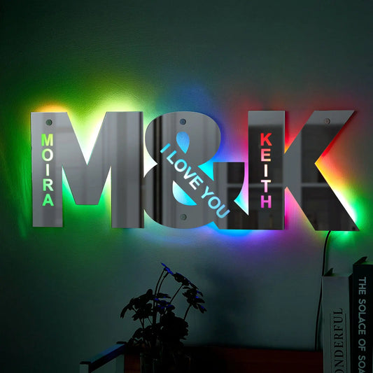Custom wall decor gift for weddings and anniversaries, Romantic letter mirror light with names and message, High-quality acrylic couple light for home decor, unique gift ideas, wedding gifts, anniversary gifts, Valentine's Day gifts, custom gifts, handmade gifts, customised gifts, personalised decorations, unique decorations