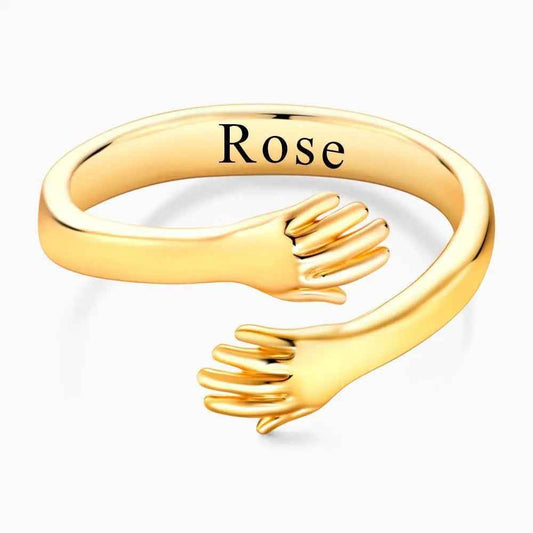 Personalised Name Ring - Custom Name Engraved Hugging Hands Open Ring