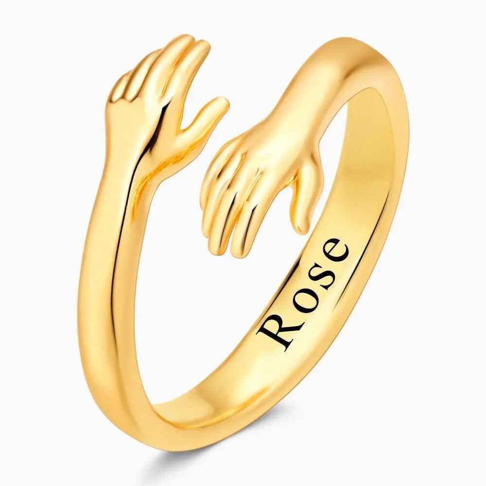 Personalised Name Ring - Custom Name Engraved Hugging Hands Open Ring